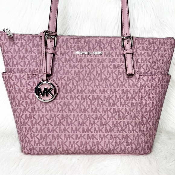 SOLD-Michael Kors Pink MK Logo Zip Top Shoulder Jet Set East West Tote Bag Med - Picture 2 of 9